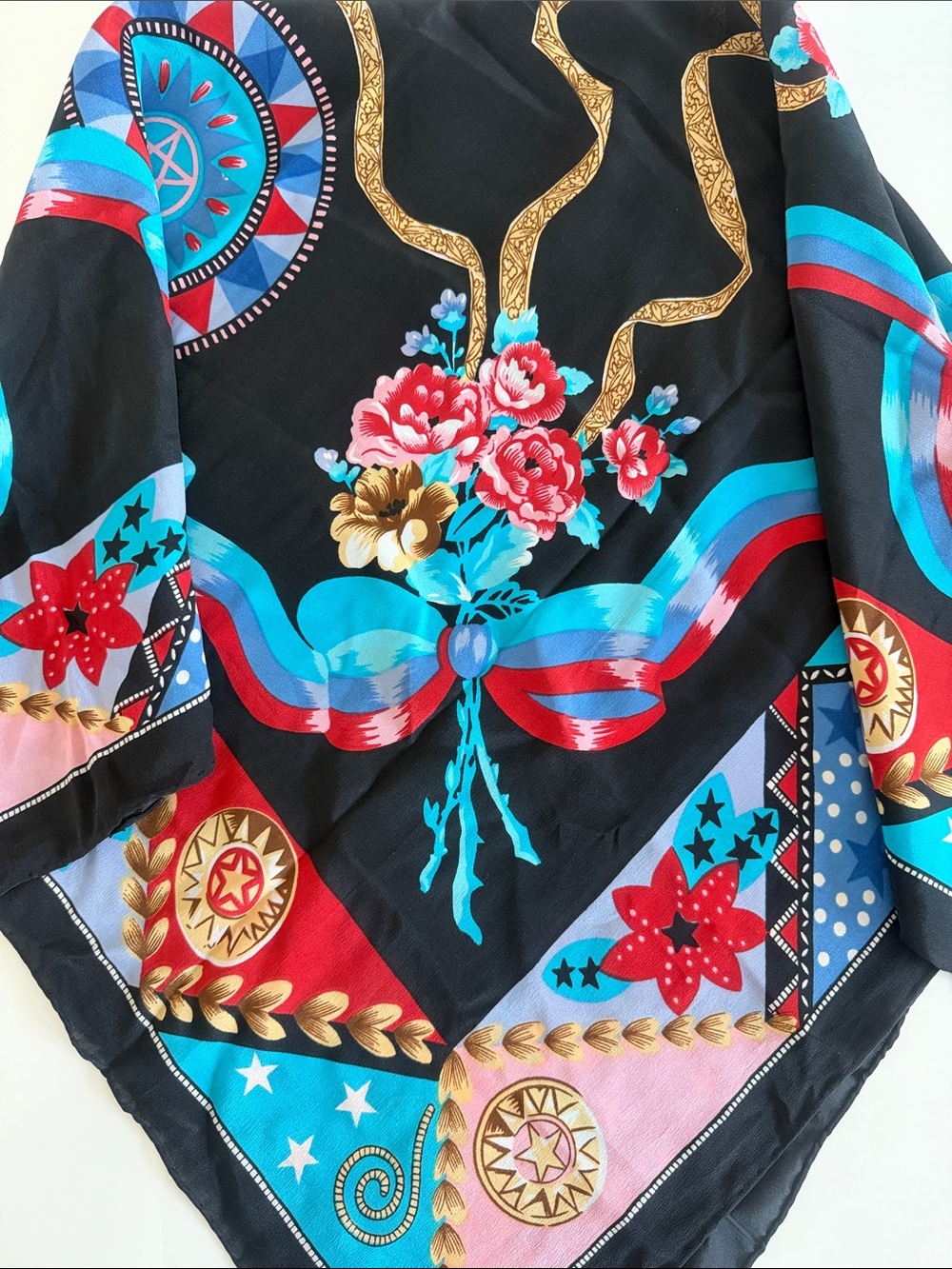 Silk Floral & Ribbon Print Square Scarf - Black Multi